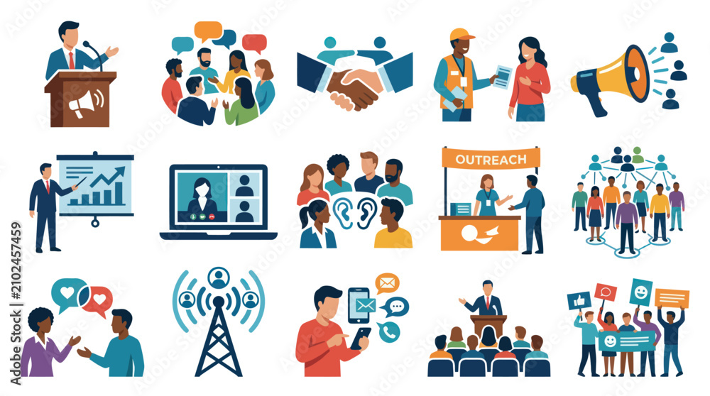 Fototapeta premium Communication and Public Relations Flat Vector Icons Set - Business, Marketing, Networking Concepts