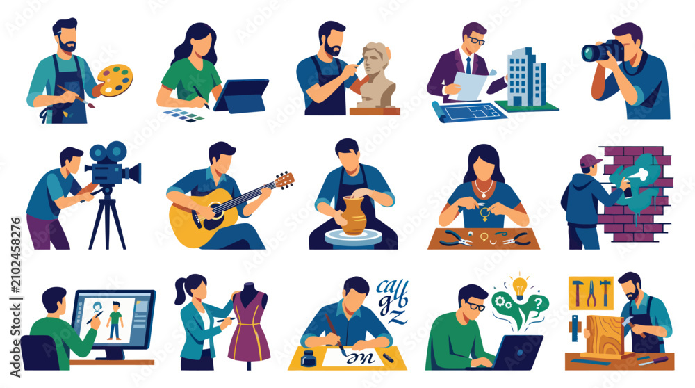 Fototapeta premium Collection of Flat Vector Illustrations Featuring People in Creative Professions and Various Hobbies