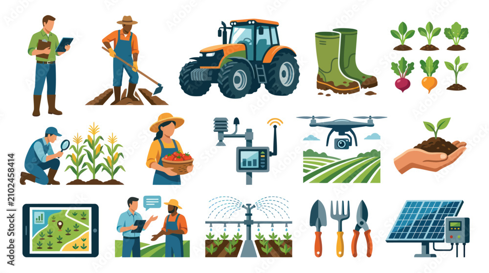 Fototapeta premium Smart Agriculture Technology Flat Vector Illustrations Set. Modern Farming, Agritech Concepts.