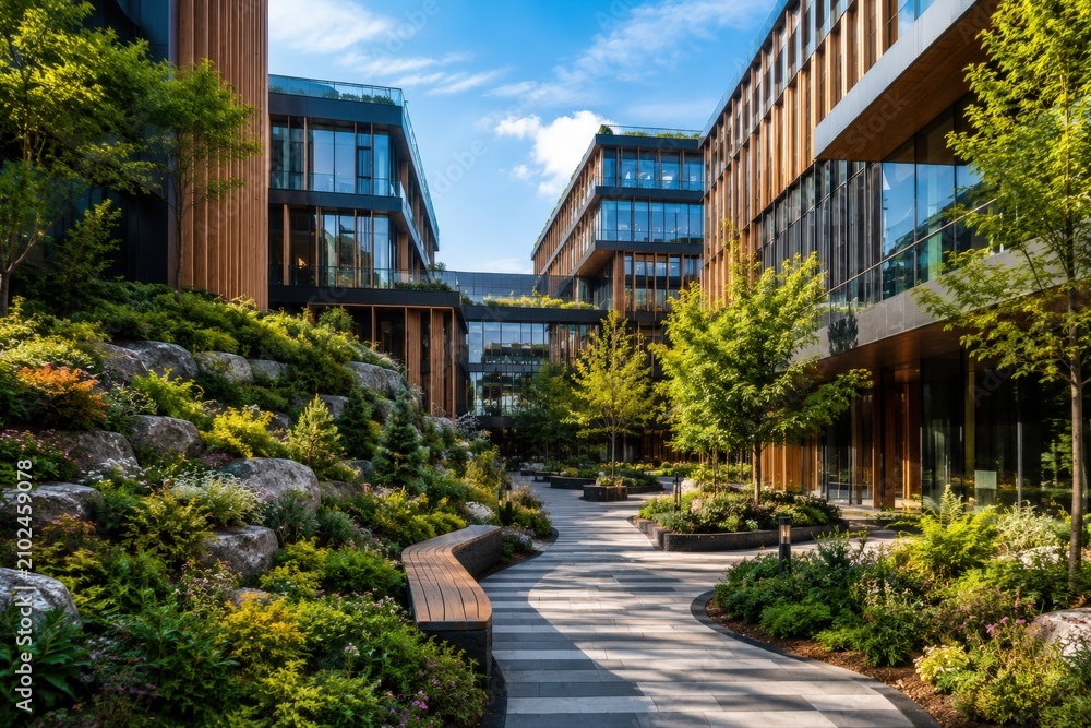 Fototapeta premium Biophilic business exterior with landscaped courtyard and modern offices
