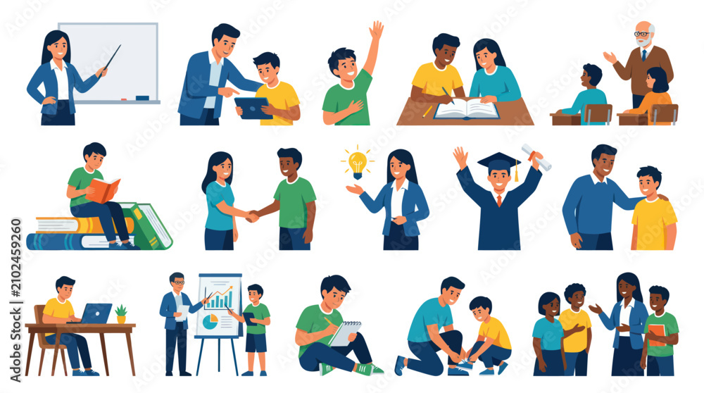 Fototapeta premium Flat Design Vector Illustration of Education and Learning Concepts with Diverse Students and Teachers