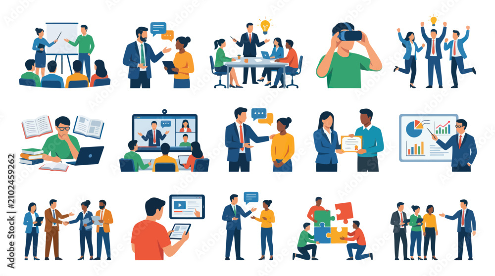 Fototapeta premium Flat Vector Illustrations: Business, Education, Technology, Learning, Collaboration Concepts Set