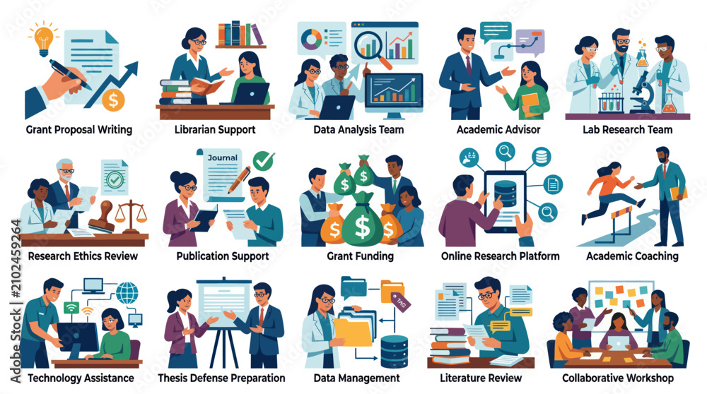 Fototapeta premium Academic Research and University Support Services Flat Vector Icons. Education, Science, Learning Resource Set.