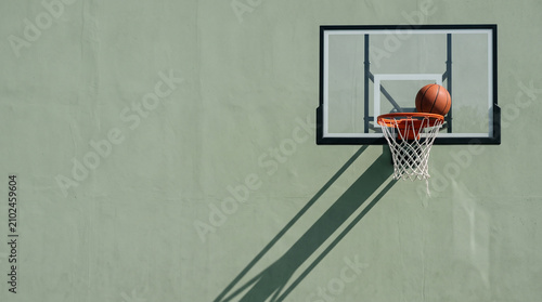 Basketball going through the hoop. Ball scoring a goal on an outdoor court wall.