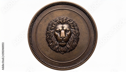 Bronze medallion with lion relief, intricate craftsmanship symbolizing strength, courage, and noble heritage.