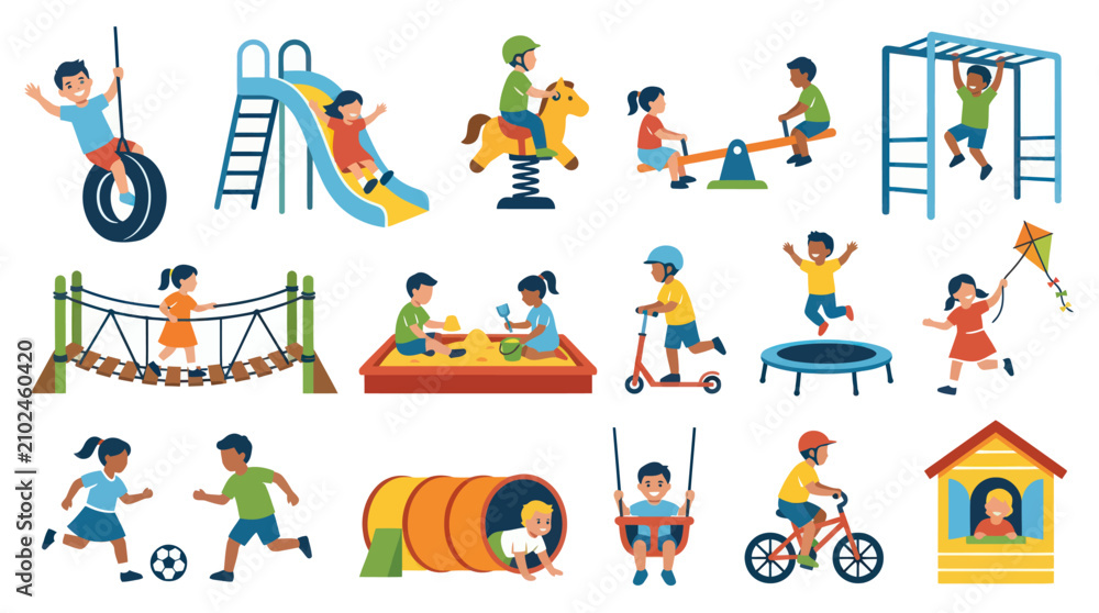 Fototapeta premium Happy Kids Playing Outdoor Playground Games and Recreation Flat Vector Illustration Set