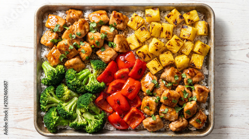 Sheet pan chicken stir fry with vegetables. Healthy roasted meal with pineapple and peppers.