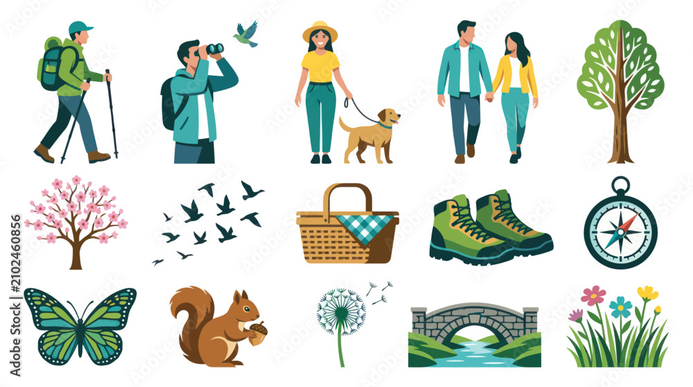 Fototapeta premium Flat Design Vector Illustration Set of Nature, Outdoor Activities, and Spring Recreation Icons