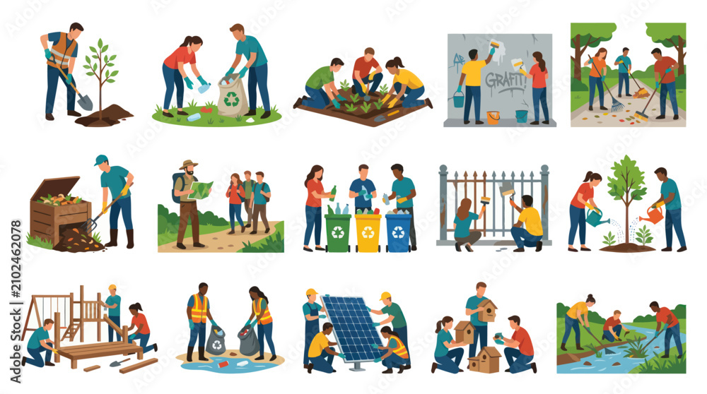 Fototapeta premium Flat Style Vector Icons: People Doing Community Service and Volunteering