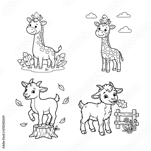 Giraffe and goat illustrations black and white line art on a white background