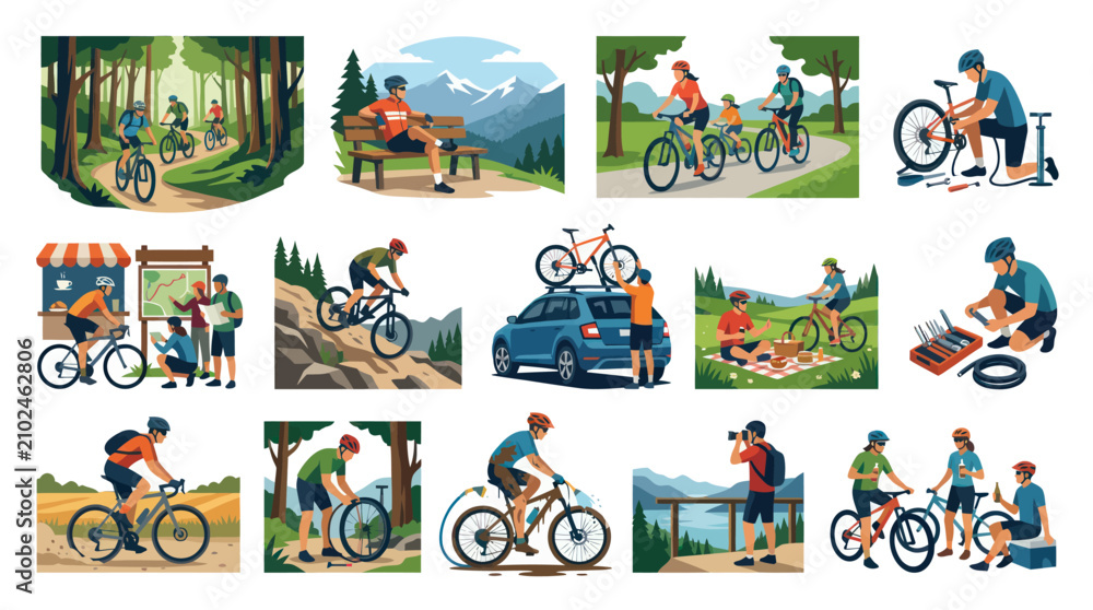 Fototapeta premium Flat Style Vector Graphics of People Cycling and Doing Bike Maintenance