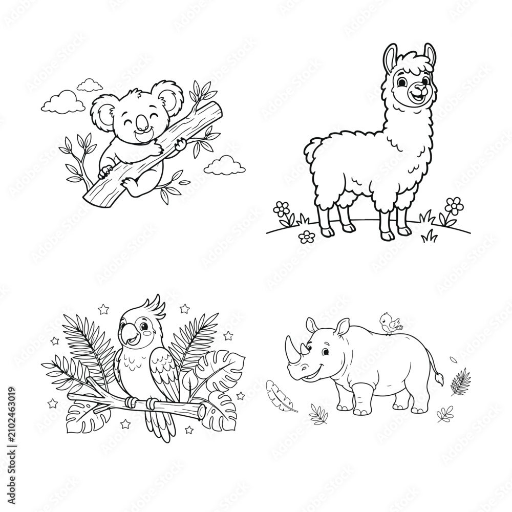 Obraz premium Animal Illustrations Koala Llama Parrot and Rhino in Line Art Style