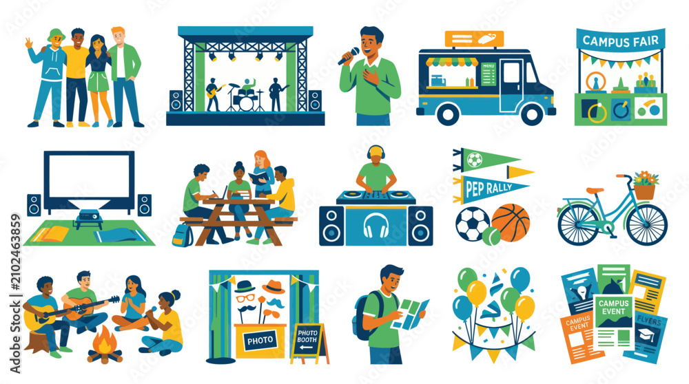 Fototapeta premium Vibrant Flat Design Vector Illustrations Depicting Various Campus Life and Student Activities