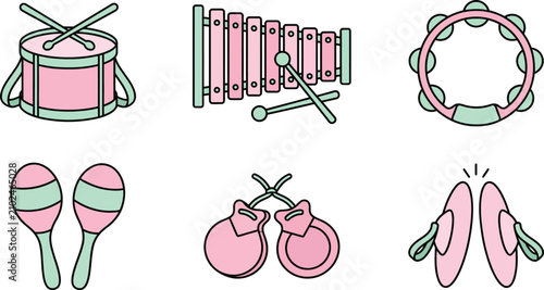 Obraz na plátně Collection of musical instrument icons including drum xylophone tambourine marac