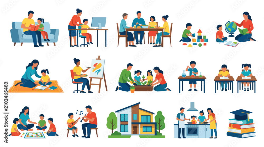 Fototapeta premium Flat Vector Illustrations: Family Education, Home Learning Activities, and Child Development Scenes