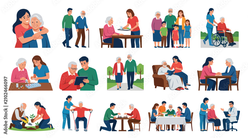 Fototapeta premium Diverse seniors receiving care and enjoying activities with family and caregivers