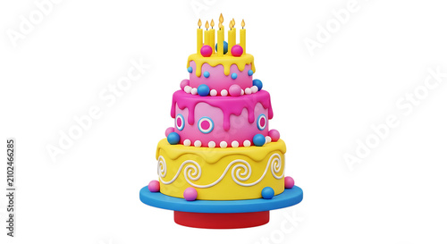 Colorful tiered birthday cake with lit candles and dripping frosting on transparent background celebration dessert sweet treat