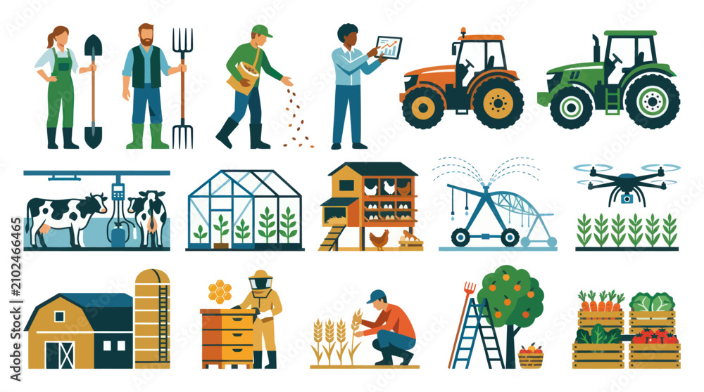 Fototapeta premium Flat Vector Farm Icons: Agriculture, Livestock, Technology, and Produce
