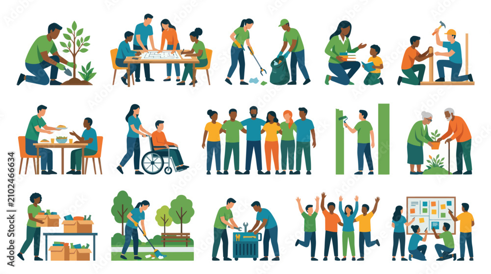 Fototapeta premium Flat Style Vector Illustration of Diverse People Volunteering and Community Support