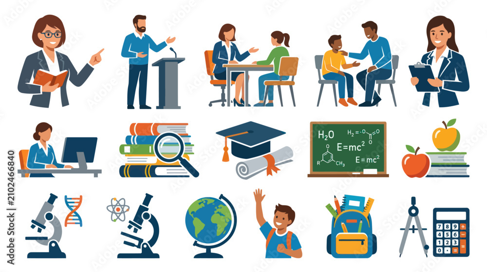 Fototapeta premium Education and Science Flat Vector Icons Set. School, Learning, University Concepts Symbols Collection.