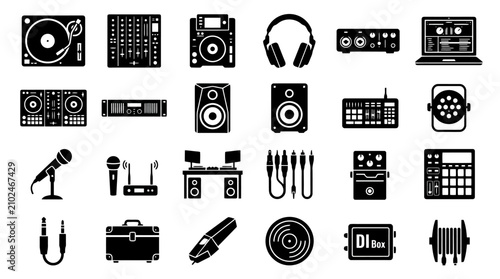 DJ equipment and music production icons set, sound audio hardware vector symbols including turntable mixer cdj headphones speaker controller isolated