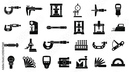 Precision measuring tools and metrology icons set, engineering measurement vector symbols including micrometer vernier caliper dial indicator feeler gauge protractor isolated