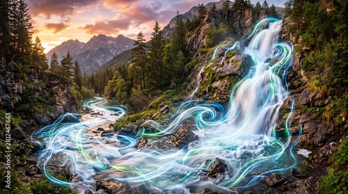 Fantasy Mountain Waterfall with Glowing Light Trails Flowing into a River at Sunset