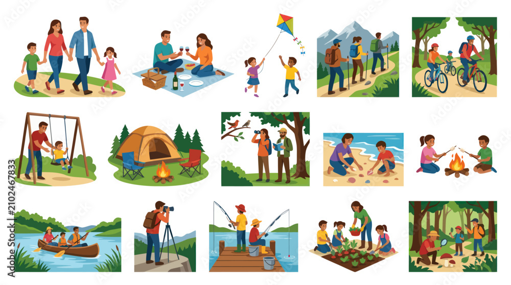 Fototapeta premium Flat Vector Illustration Set of Family Outdoor Recreation, Nature Activities, and Adventure Lifestyle Scenes