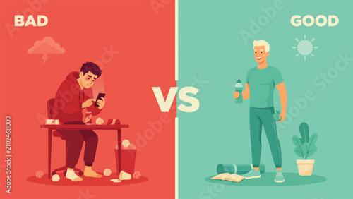 Fotografía Vector illustration of bad versus good daily habits and healthy activity