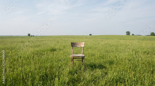 Empty wooden chair in a green meadow. Minimalist outdoor scene with rustic furniture.