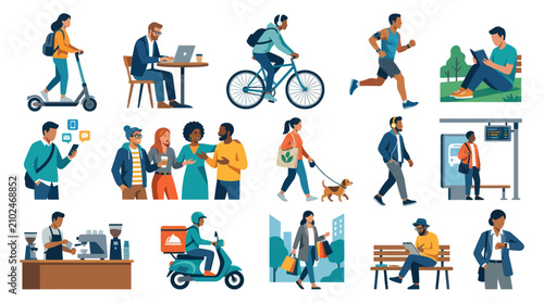 Diverse people walking, cycling, working, exercising in flat vector art style