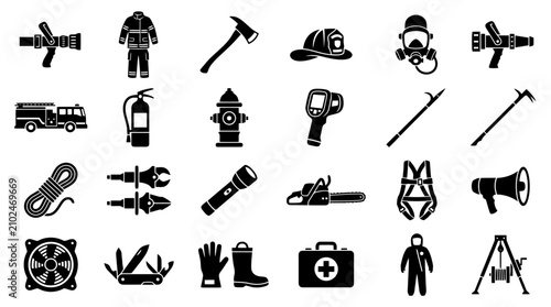 Collection of black and white icons representing firefighting equipment, tools, and safety gear, including a fire truck, axe, helmet, and protective clothing.