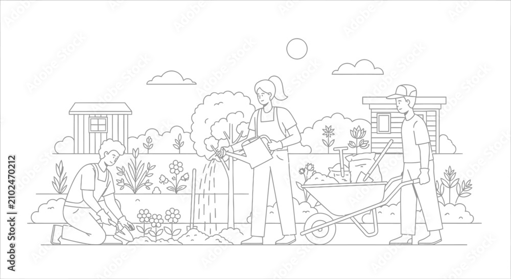 Obraz premium People planting and watering in a garden setting with tools and structures