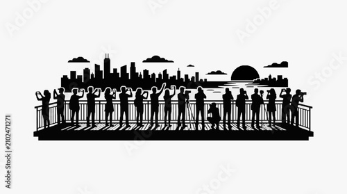 Fotografie Silhouette of crowd watching sunset over city skyline.