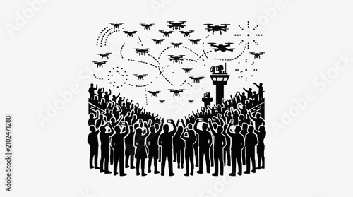 Silhouette of crowd with drones and control tower at airport.