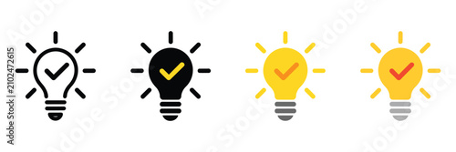 Light bulb check mark icon set, vector, approval symbol, idea concept, verified sign, confirmation mark