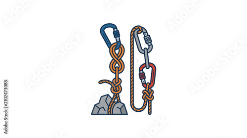 Tableau sur toile Colorful climbing carabiners and rope on rock.