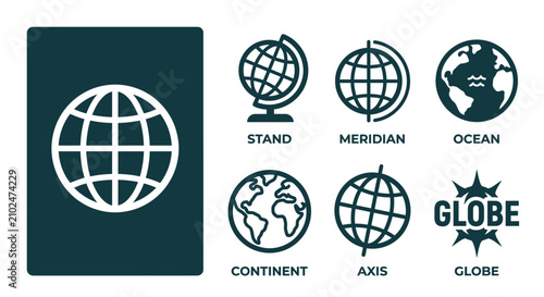 Fotografie Minimal dark teal globe icon set featuring world map variations including meridian, stand, ocean, continent, and axis labels