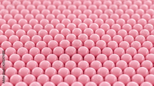 Pink spheres arranged in a uniform grid pattern, abstract background with soft lighting and shallow depth of field, smooth texture and subtle shadows create a calming visual effect for design.
