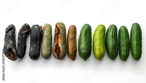 Nine fresh cucumbers arranged in a row on white background. Organic green vegetables lined up for food photography and healthy eating.