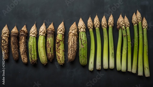 Fresh moringa pods progression from moldy to ripe. Organic drumstick vegetable lifecycle stages for health and nutrition visuals.