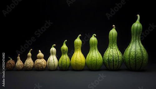 Nine ridge gourds transitioning from rotten to fresh. Organic produce lifecycle showing decay and renewal in dark studio lighting.