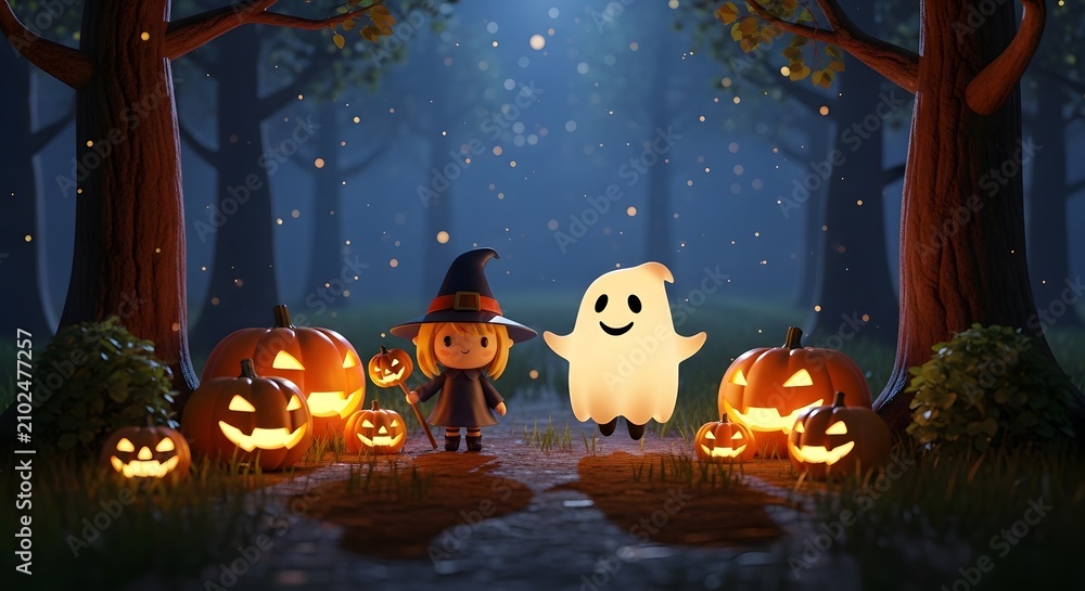 Fototapeta premium Cute witch and ghost in a forest. Halloween characters with glowing pumpkins at night.