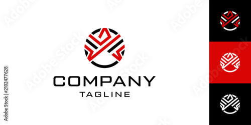 Abstract red and black circular geometric logo for technology.