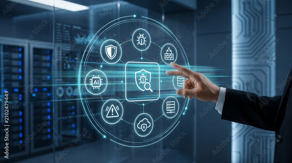 Fototapeta premium A professional technician manages cybersecurity protocols on a digital screen in a server room.
