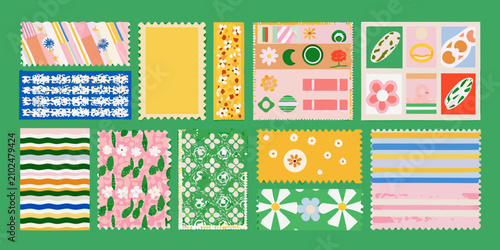 Colorful Stamp Style Designs Featuring Floral And Fruit Motifs