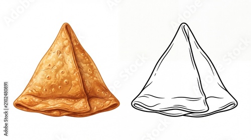Crispy golden fried samosa snack next to a detailed black and white line drawing on transparent background