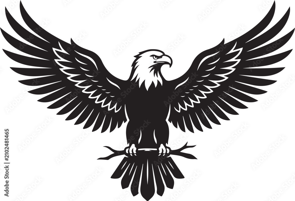 Fototapeta premium Majestic bald eagle silhouette with spread wings perched on branch vector illustration