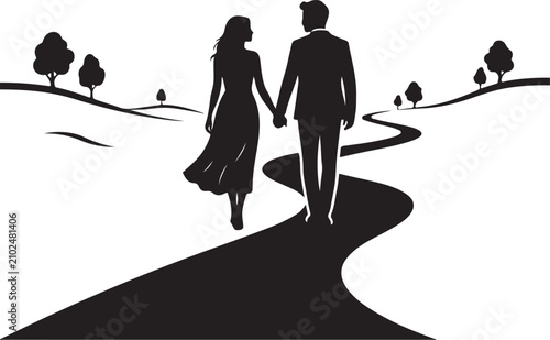 Romantic couple silhouette holding hands and walking together on a winding path, young man and woman in love, minimal vector illustration