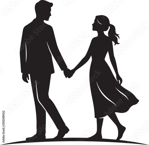 Romantic couple walking and holding hands silhouette vector illustration